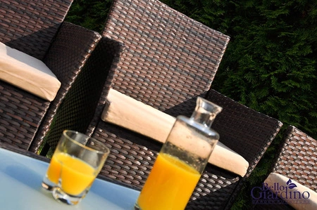 Zestaw mebli ogrodowych Comodo brązowy stylowy design gustowny komplet mebli z sofą i stolikiem do przydomowej strefy wypoczynku