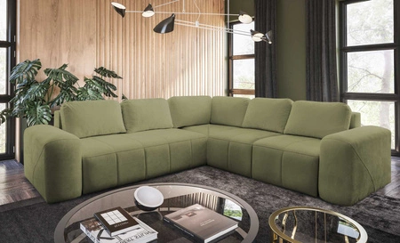 Narożnik z funkcją spania Bovec III oliwkowy prawostronny niezwykle stylowy narożnik rozkładany doskonały do przestronnego salonu