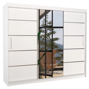 Szafa przesuwna z lustrem Salto 250 cm biała estetycznie wykonana szafa do sypialni ozdobne srebrne listwy na frontach nadają stylu