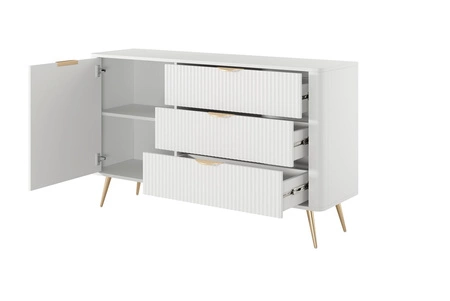 Komoda z szufladami Lante 138 cm biała elegancka komoda o zaokrąglonym kształcie wsparta na metalowej podstawie stylowe uchwyty