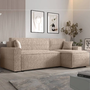 Narożnik z funkcją spania Brandon Bis beżowy prawostronny miękka tkanina o charakterystycznej pętelkowej powierzchni pojemnik na pościel