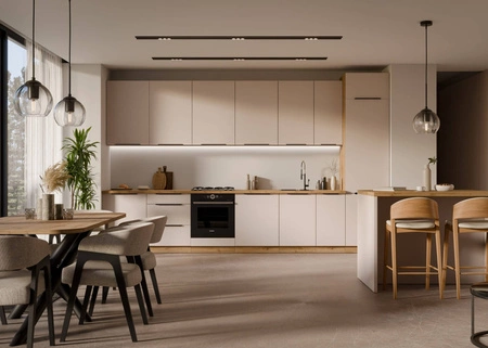 Zestaw mebli kuchennych Soela 390 cm doskonałe szafki kuchenne do nowoczesnych aranżacji subtelna i naturalna kolorystyka