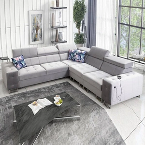 Narożnik z funkcją spania Hampton III szary popiel prawostronny komfortowy narożnik wykonany z gładkiej i miękkiej tkaniny typu velvet