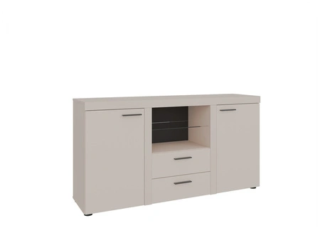 Komoda z szufladami Rene 156 cm beż piaskowy elegancki i uniwersalny styl komody do salonu gustowne czarne uchwyty