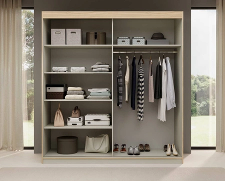 Zestaw mebli do sypialni Atson szarobeżowy / dąb olejowany nowoczesny design komplet mebli do sypialni oryginalny kształt frontów mebli