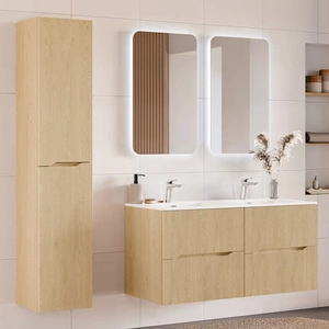 Zestaw mebli łazienkowych Nordic Cremona dąb cremona eleganckie szafki łazienkowe z ryflowaniami na frontach frezowane uchwyty