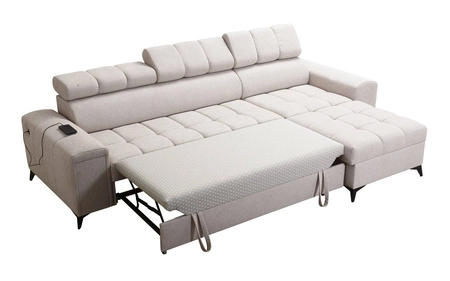 Narożnik z funkcją spania Bolmso musztardowy prawostronny narożnik z dwoma pojemnikami na pościel praktyczna szuflada w boczku mebla