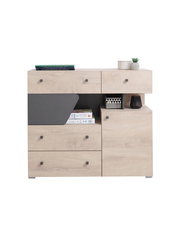 Komoda z szufladami Dzeta 110 cm dąb / antracyt idealna do pokoju młodzieżowego funkcjonalna i pojemna