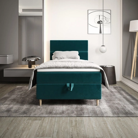 Łóżko kontynentalne Bing 90x200 turkusowe w nowoczesnym skandynawskim stylu z tapicerowanym zagłówkiem łóżko z pojemnikiem
