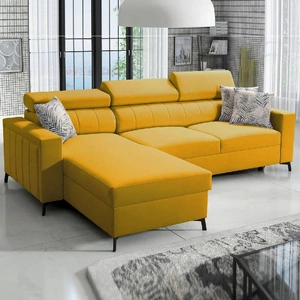 Narożnik z funkcją spania Savona żółty lewostronny wygodny i elegancki narożnik z regulowanymi zagłówkami dekoracyjne przeszycia