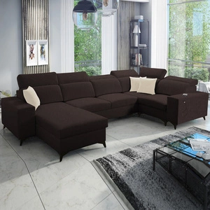 Narożnik z funkcją spania Kelly Sleek IV brązowy lewostronny narożnik rozkładany z pojemnikami na pościel pleciona tkanina