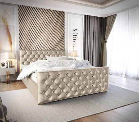 Łóżko tapicerowane Viamao 180x200 beżowe z pojemnikiem w nowoczesnym skandynawskim stylu z pikowanym wezgłowiem oraz zanóżkiem 