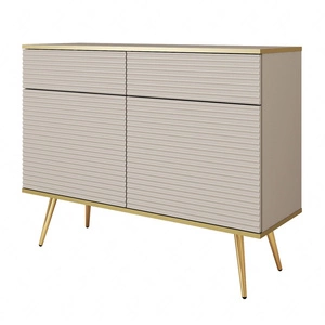 Komoda z szufladami Luxury 107 cm beżowa stylowa komoda z ryflowanymi frontami korpus zwieńczony złotą listwą złote metalowe nogi