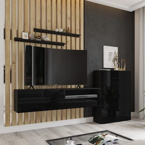 Meblościanka Almiros czarna / czarny połysk nowoczesny design system otwierania szuflad push to open meblościanka do salonu z komodą