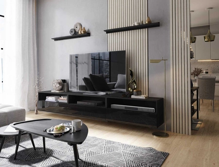 Szafka RTV wisząca Kaires 258 cm czarna / czarny połysk z półkami elegancki i stylowy design wpisujący się w każde wnętrze