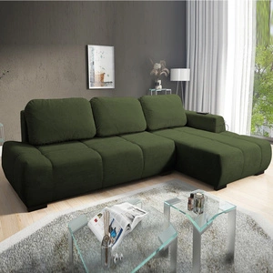 Narożnik z funkcją spania Gentle oliwkowy prawostronny stylowy design narożnik rozkładany charakteryzujący się obłym kształtem