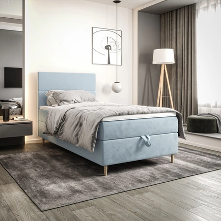 Łóżko kontynentalne Bing 90x200 błękitne w nowoczesnym skandynawskim stylu z tapicerowanym zagłówkiem łóżko z pojemnikiem
