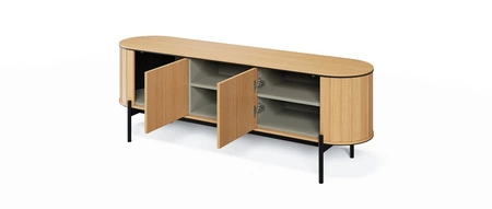 Zestaw mebli Rotto dąb vincenza elegancki design meblościanki zaokrąglone krawędzie brył osadzonych na czarnych metalowych nogach