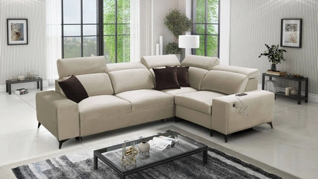 Narożnik z funkcją spania Kelly Sleek II beżowy prawostronny elegancki narożnik do salonu wykonany z miękkiej tkaniny typu velvet
