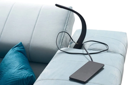 Narożnik z funkcją spania Rava II lazurowy lewostronny velvet komfortowy narożnik z pojemnikiem na pościel wielofunkcyjna lampka