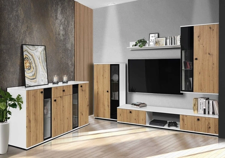 Komoda z szufladą Senja 140 cm biała / dąb artisan elegancki design ozdobny ryflowany front z metalowym uchwytem