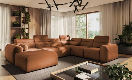 Narożnik z funkcją spania Cantare VIII ceglasty lewostronny gustowny narożnik z regulowanymi zagłówkami pojemniki na pościel