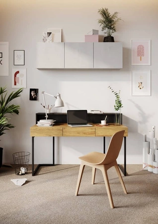 Biurko z nadstawką i szafką wiszącą Teen Flex 110 cm hikora naturalna / silk flou / raw steel nowoczesny design i duża funkcjonalność