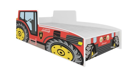 Łóżko Tractor Red 70x140 cm designerskie łóżko z materacem w kształcie traktora z ozdobnym nadrukiem wykonane z solidnych materiałów