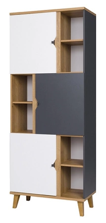 Regał z drzwiami Memone 80 cm dąb złoty / biały / grafitowy idealny regał do pokoju młodzieżowego lub pokoju dziecka w stylu skandynawskim