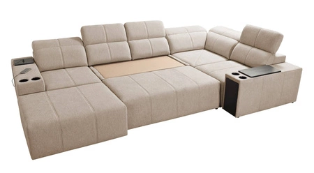 Narożnik z funkcją spania Tesalia IV Lux niebieski lewostronny stylowy narożnik z wysuwanym podnóżkiem oraz funkcją przesuwanego oparcia