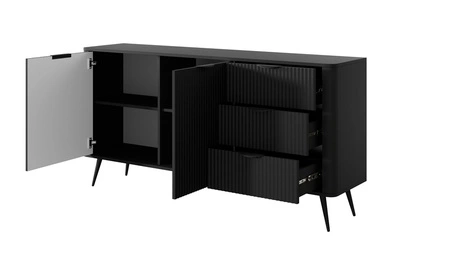 Komoda z szufladami Lante 163 cm czarna gustowna komoda z ryflowanymi frontami wsparta na wysokich skośnych nogach stylowe uchwyty