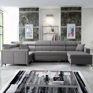 Narożnik z funkcją spania Nausa V szary prawostronny elegancki narożnik do salonu wykonany z miękkiej tkaniny typu velvet