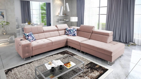 Narożnik z funkcją spania Hampton IX kwarcowy róż prawostronny stylowy i nowoczesny design narożnika idealny mebel do każdej aranżacji