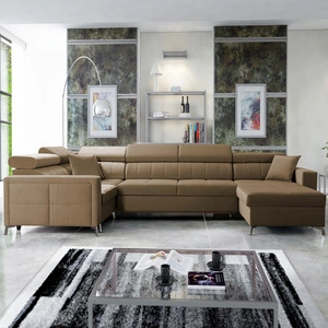 Narożnik z funkcją spania Nausa V jasny brąz prawostronny elegancki narożnik do salonu wykonany z miękkiej tkaniny typu velvet