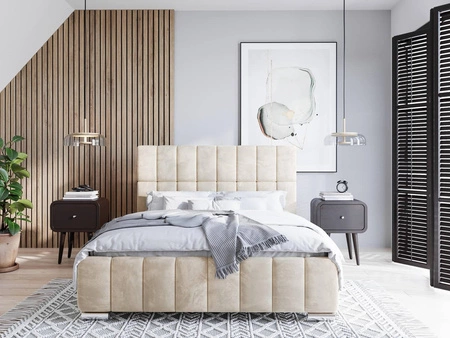 Łóżko tapicerowane Amby 160x200 beżowe stylowe łóżko z pojemnikiem na pościel wygodny zagłówek zachwyca eleganckim designem