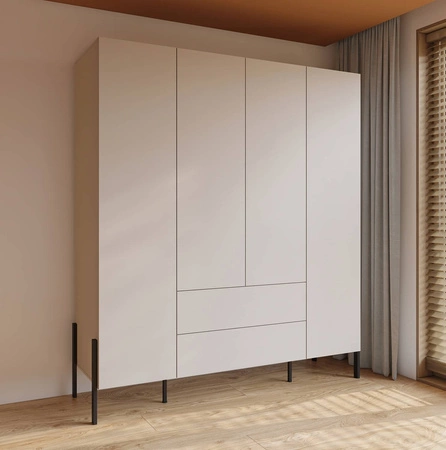 Szafa Jukon S 184 cm beżowa gustowna forma mebla w nowoczesnym stylu system otwierania push to open metalowe czarne nogi pojemne szuflady