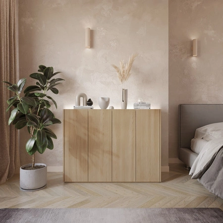 Komoda Easy 126 cm dąb scandi / biały połysk elegancka komoda z delikatnie obniżonym blatem doskonała do nowoczesnych wnętrz