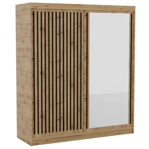 Szafa przesuwna z lustrem Delia 180 cm dąb artisan / czarny stylowa szafa z lamelami w kolorze drewna wpasuje się do każdej aranżacji