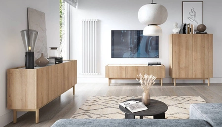 Szafka RTV Boho 144 cm dąb riviera / marmur bianco niebanalny design dekoracyjny blat w marmurowym dekorze uniwersalne połączenie kolorów