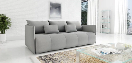 Kanapa rozkładana Selva jasny szary funkcjonalna sofa do salonu z pojemnikiem na pościel wykonana z wytrzymałej plecionej tkaniny