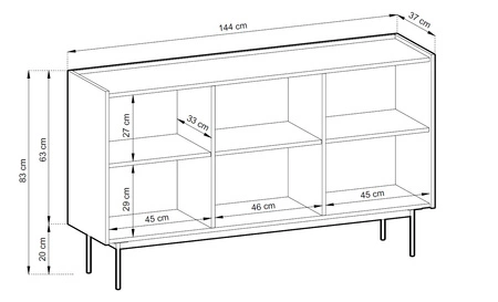 Komoda Vellore 144 cm beżowa elegancka komoda o subtelnym charakterze z obniżonym blatem w dębowym odcieniu metalowe nogi