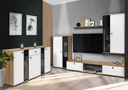 Zestaw mebli Senja dąb artisan / biały nowoczesny design ozdobne ryflowane fronty z metalowymi uchwytami