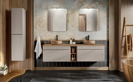 Zestaw mebli łazienkowych Iconic beżowy / dąb coast evoke zestaw mebli z szafkami pod umywalki nablatowe odporne na działanie wilgoci