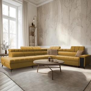 Narożnik z funkcją spania Bolmso XII musztardowy lewostronny nowoczesny design narożnik zapewnia komfort obszerne pojemniki na pościel