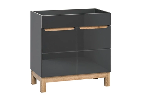 Zestaw mebli łazienkowych Bali szary połysk / dąb wotan nowoczesne szafki do łazienki stylowe frezowane uchwyty stabilna podstawa