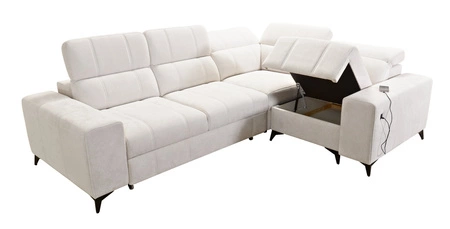 Narożnik z funkcją spania Penejos II ciemny beżowy prawostronny komfort podczas codziennego wypoczynku pojemnik na pościel