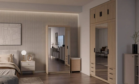 Szafa Rene 90 cm dąb olejowany stylowy design prosta forma idealna szafa z lustrem do sypialni lub przedpokoju obrzeża wykończone ABS