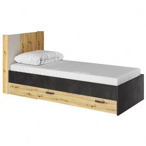 Łóżko Qubic 90x200 cm dąb artisan / raw steel / silk flou wygodne łóżko z szufladą wysoki zagłówek z oświetleniem LED i półką