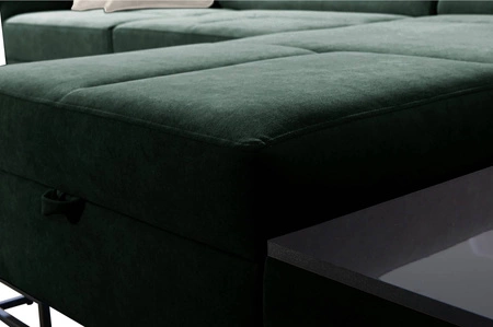 Narożnik z funkcją spania Alcamo beżowy prawostronny elegancki i stylowy narożnik z dostawką praktyczna szuflada w boczku mebla