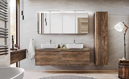 Słupek łazienkowy wiszący Santa Fe 35 cm dąb vintage elegancka szafka do łazienki dwie szuflady we wnętrzu metalowy uchwyt krawędziowy